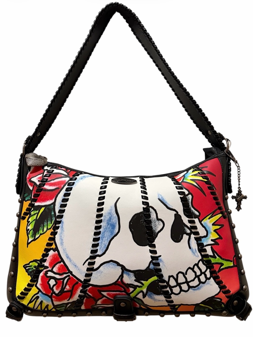 Ed Hardy Graphic Print Studded faux Leather Shoulder Bag Skulls Roses NWT